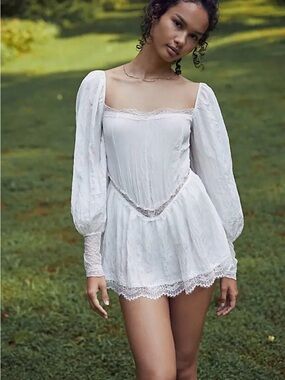 Free People Intimately Pretty Please White Lace Trim Square-Neck bodysuit/dress